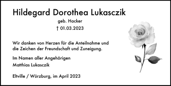 Traueranzeige von Hildegard Dorothea Lukasczik von Wiesbadener Kurier