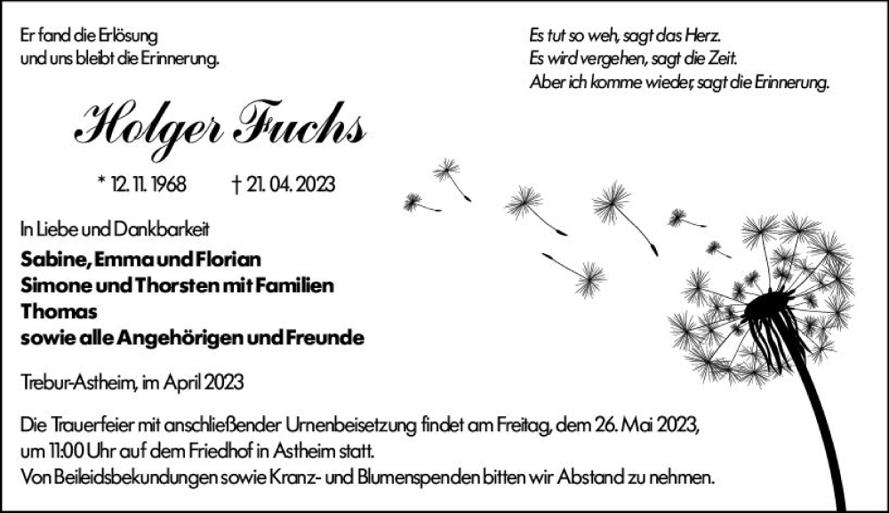  Traueranzeige für Holger Fuchs vom 29.04.2023 aus Rüsselsheimer Echo