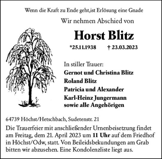 Traueranzeige von Horst Blitz von Darmstädter Echo