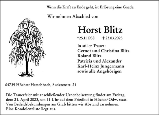 Traueranzeige von Horst Blitz von Odenwälder Echo