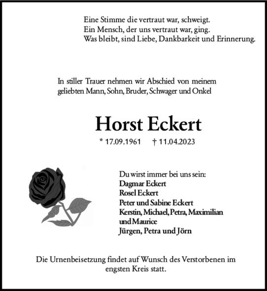  Traueranzeige für Horst Eckert vom 15.04.2023 aus Rüsselsheimer Echo