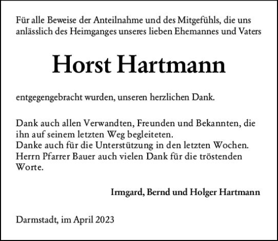 Traueranzeige von Horst Hartmann von Darmstädter Echo