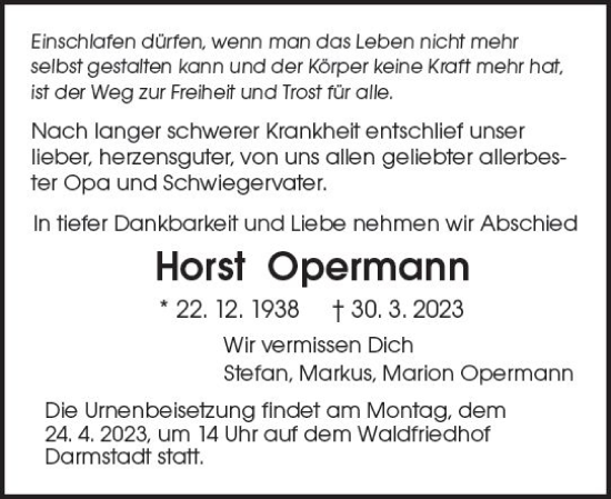 Traueranzeige von Horst Opermann von Darmstädter Echo