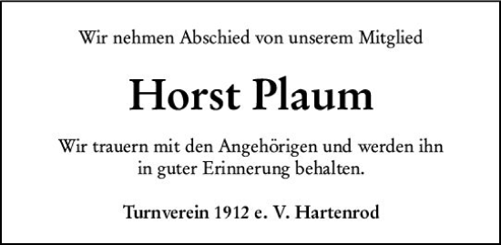 Traueranzeige von Horst Plaum von Hinterländer Anzeiger