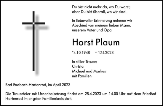 Traueranzeige von Horst Plaum von Hinterländer Anzeiger