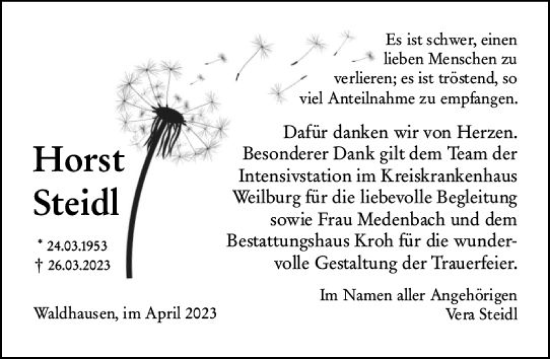 Traueranzeige von Horst Steidl von Weilburger Tageblatt