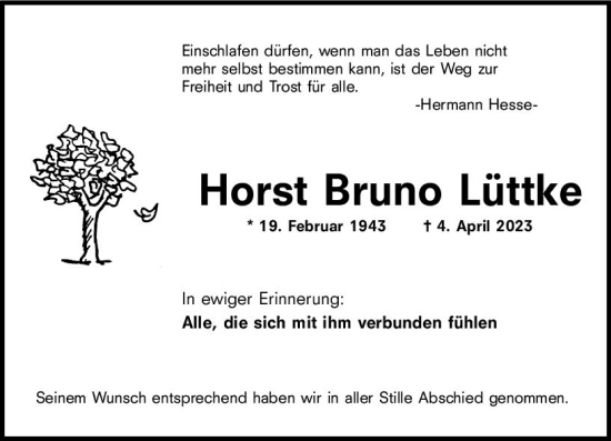 Traueranzeige von Horst Bruno Lüttke von Wiesbadener Kurier