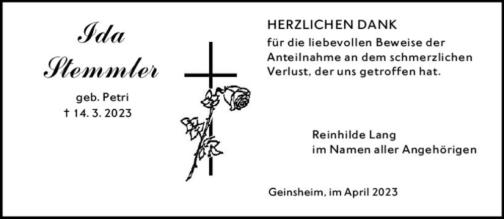  Traueranzeige für Ida Stemmler vom 14.04.2023 aus Groß-Gerauer Echo