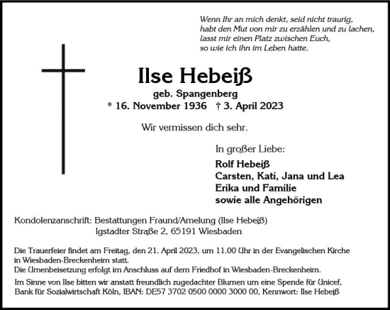 Traueranzeige von Ilse Hebeiß von Wiesbadener Kurier