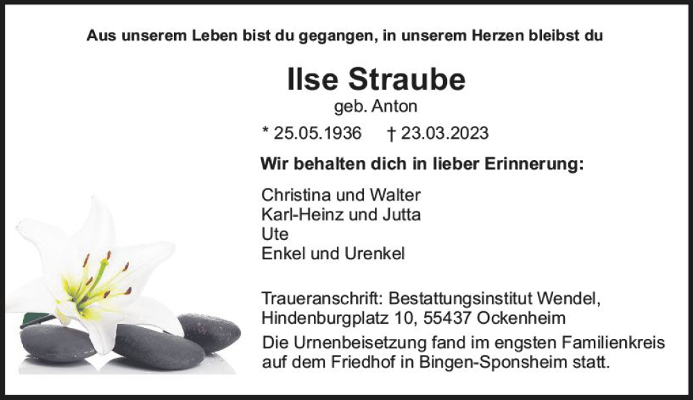  Traueranzeige für Ilse Straube vom 08.04.2023 aus Bingen/Ingelheim WOBL inkl. Neue Binger Ztg.