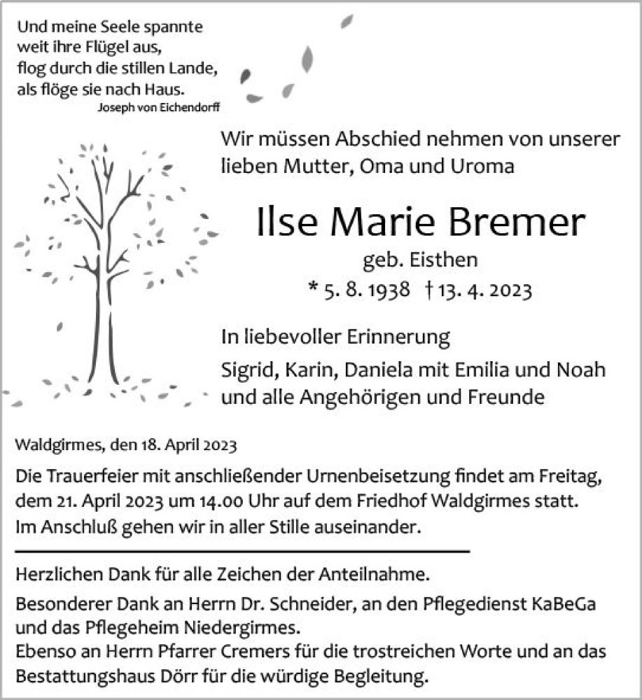  Traueranzeige für Ilse Marie Bremer vom 18.04.2023 aus Wetzlarer Neue Zeitung