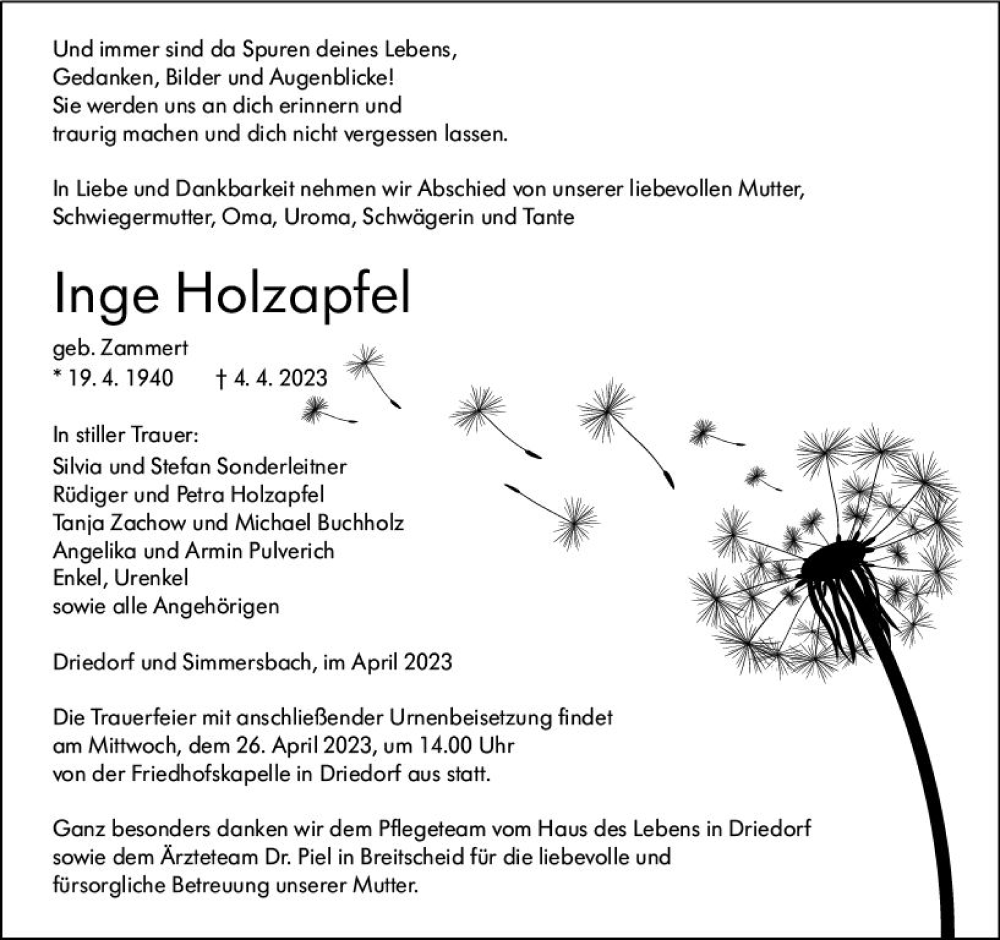  Traueranzeige für Inge Holzapfel vom 22.04.2023 aus Dill Block