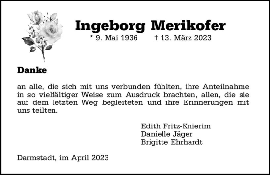 Traueranzeige von Ingeborg Merikofer von Darmstädter Echo