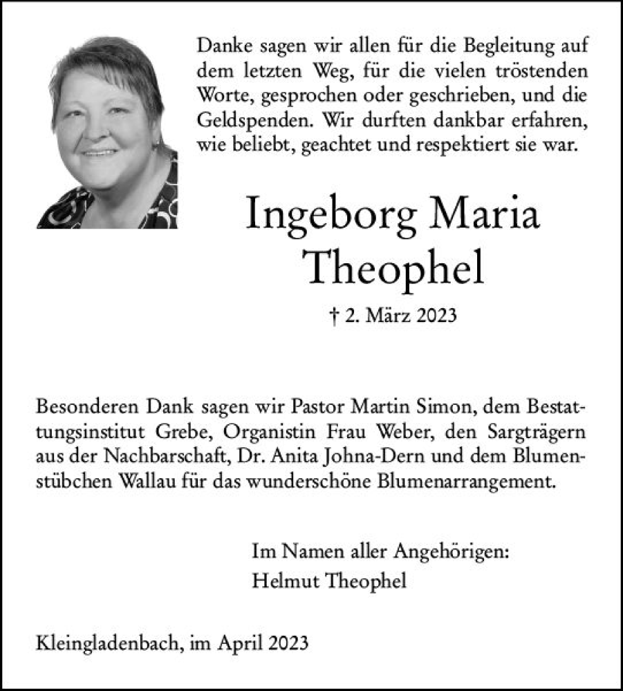  Traueranzeige für Ingeborg Maria Theophel vom 22.04.2023 aus Hinterländer Anzeiger