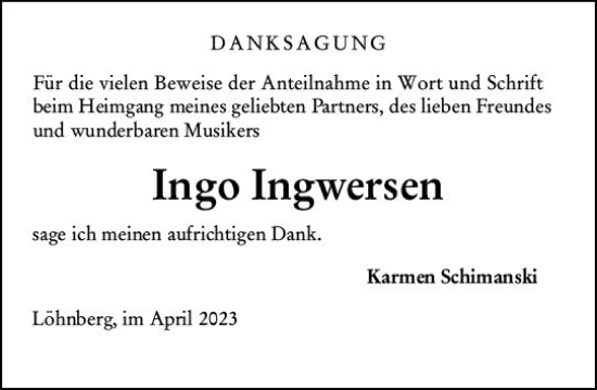 Traueranzeige von Ingo Ingwersen von Wetzlarer Neue Zeitung