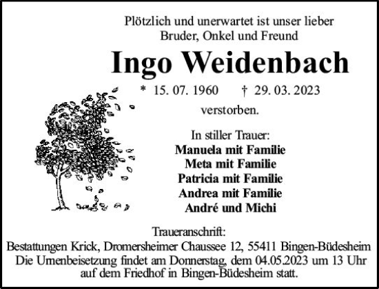 Traueranzeige von Ingo Weidenbach von Allgemeine Zeitung Bingen/Ingelheim
