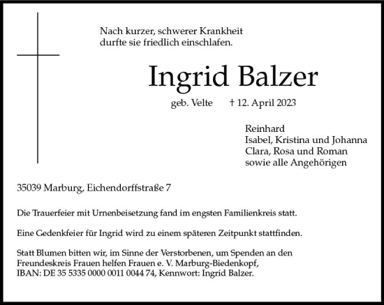 Traueranzeige von Ingrid Balzer von Hinterländer Anzeiger