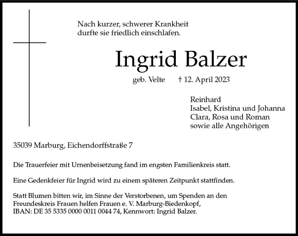  Traueranzeige für Ingrid Balzer vom 19.04.2023 aus Hinterländer Anzeiger