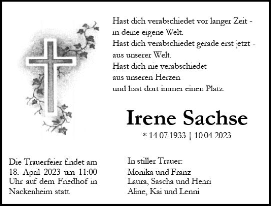 Traueranzeige von Irene Sachse von Allgemeine Zeitung Mainz