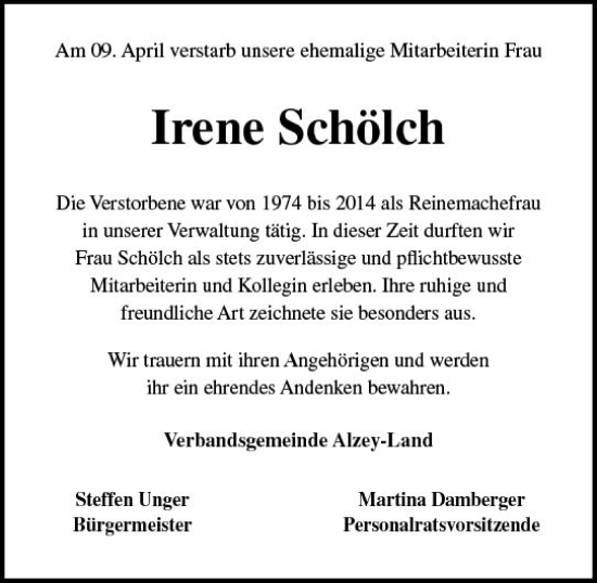 Traueranzeige von Irene Schölch von Allgemeine Zeitung Alzey