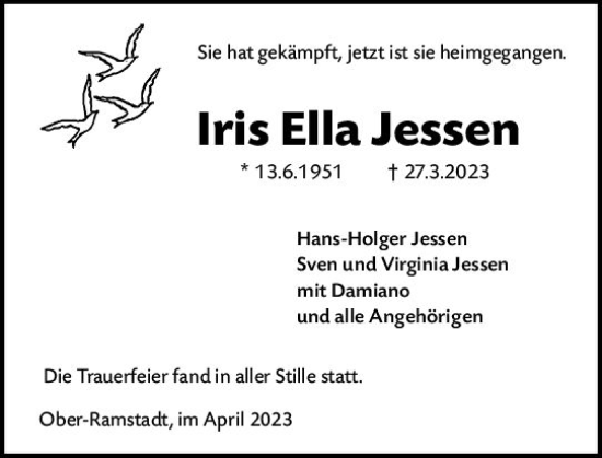 Traueranzeige von Iris Ella Jessen von Darmstädter Echo