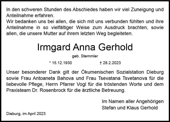 Traueranzeige von Irmgard Gerhold von Dieburger Anzeiger/Groß-Zimmerner Lokal-Anzeiger