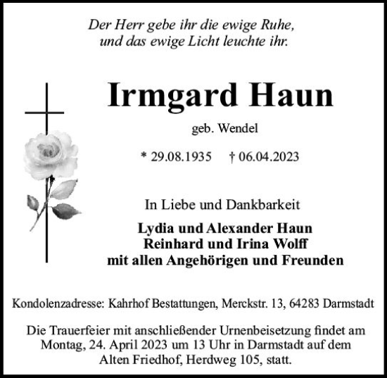 Traueranzeige von Irmgard Haun von Darmstädter Echo
