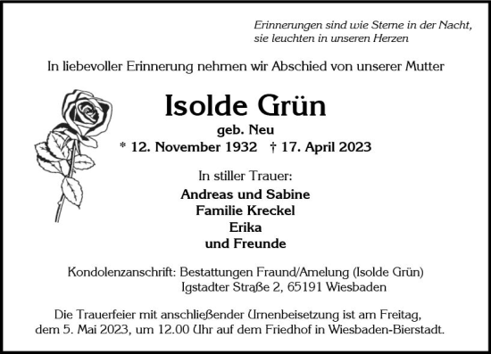 Traueranzeige von Isolde Grün von Wiesbadener Kurier