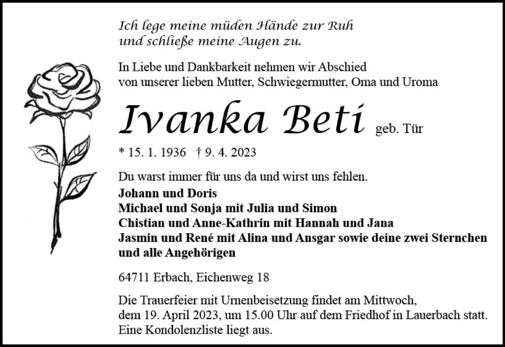  Traueranzeige für Ivanka Beti vom 15.04.2023 aus Odenwälder Echo