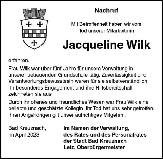 Traueranzeige von Jacqueline Wilk von Allgemeine Zeitung Bad Kreuznach