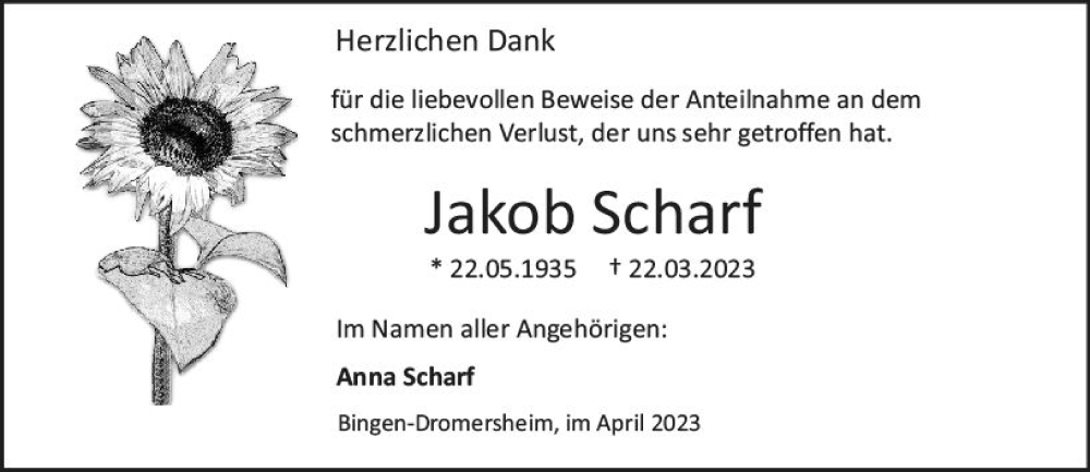  Traueranzeige für Jakob Scharf vom 29.04.2023 aus Bingen/Ingelheim WOBL inkl. Neue Binger Ztg.