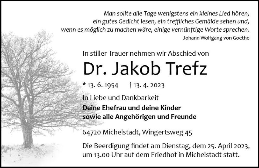  Traueranzeige für Jakob Trefz vom 22.04.2023 aus Odenwälder Echo