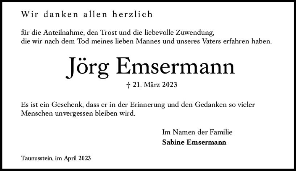  Traueranzeige für Jörg Emsermann vom 29.04.2023 aus Wiesbadener Kurier