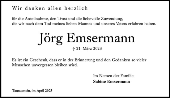 Traueranzeige von Jörg Emsermann von Wiesbadener Kurier