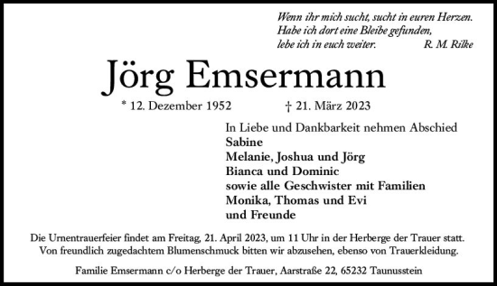 Traueranzeige von Jörg Emsermann von Wiesbadener Kurier