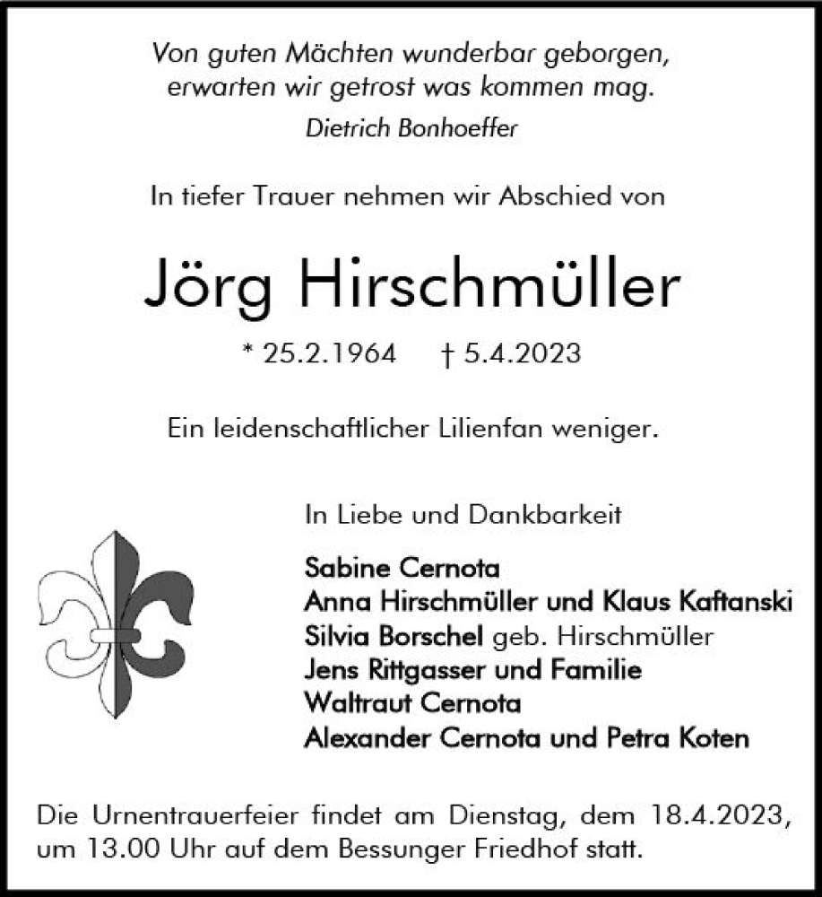 Traueranzeige für Jörg Hirschmüller vom 15.04.2023 aus Darmstädter Echo