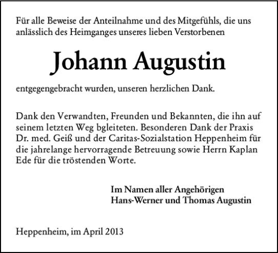 Traueranzeige von Johann Augustin von Starkenburger Echo