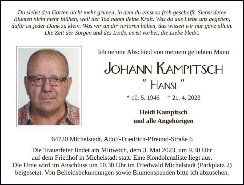  Traueranzeige für Johann Kampitsch vom 29.04.2023 aus Odenwälder Echo