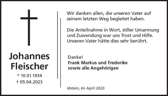 Traueranzeige von Johannes Fleischer von Idsteiner Land/Untertaunus