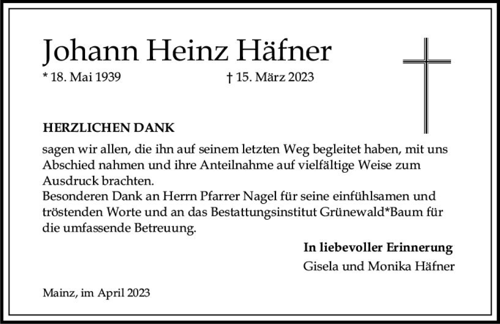  Traueranzeige für Johann Heinz Häfner vom 15.04.2023 aus Allgemeine Zeitung Mainz