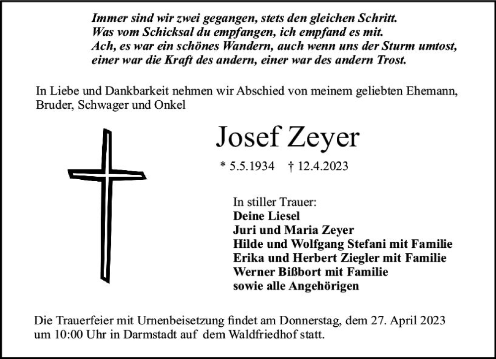  Traueranzeige für Josef Zeyer vom 22.04.2023 aus Darmstädter Echo