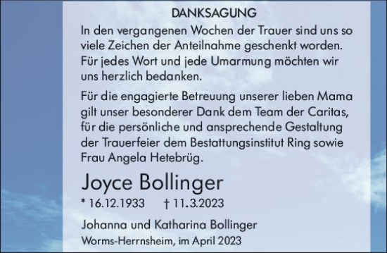 Traueranzeige von Joyce Bollinger von Wormser Zeitung