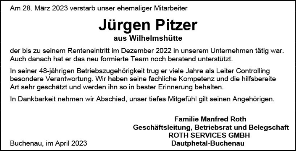  Traueranzeige für Jürgen Pitzer vom 08.04.2023 aus Hinterländer Anzeiger