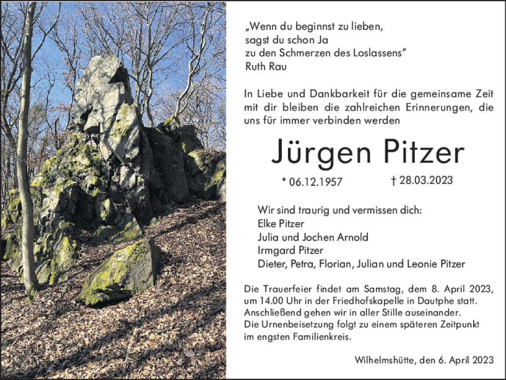  Traueranzeige für Jürgen Pitzer vom 06.04.2023 aus Hinterländer Anzeiger