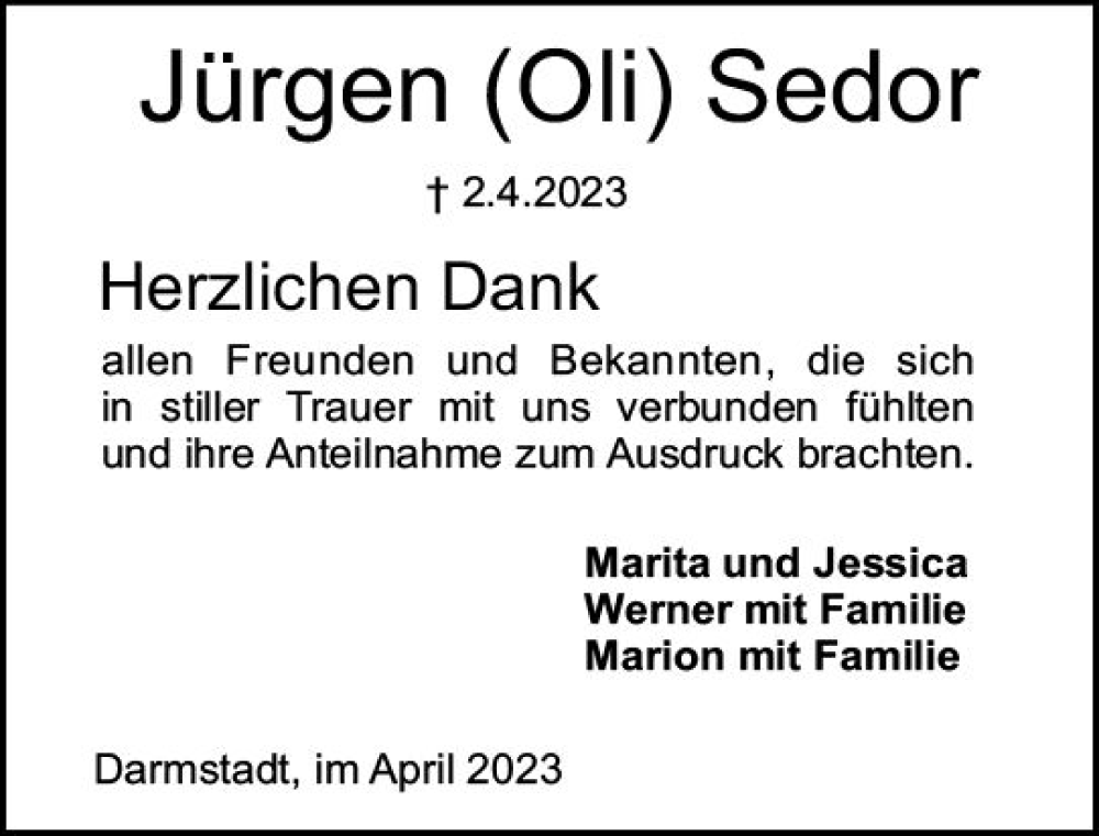  Traueranzeige für Jürgen Sedor vom 22.04.2023 aus Darmstädter Echo