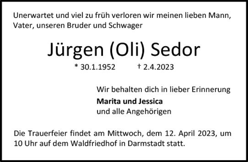  Traueranzeige für Jürgen Sedor vom 08.04.2023 aus Darmstädter Echo