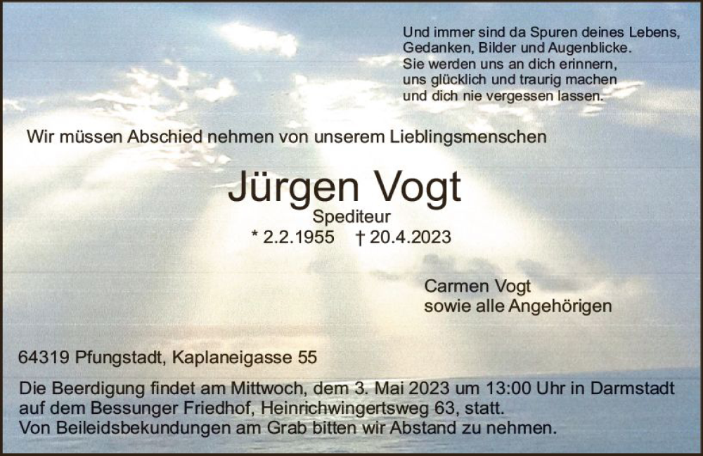  Traueranzeige für Jürgen Vogt vom 29.04.2023 aus Darmstädter Echo
