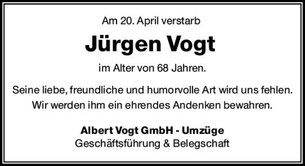  Traueranzeige für Jürgen Vogt vom 29.04.2023 aus Darmstädter Echo