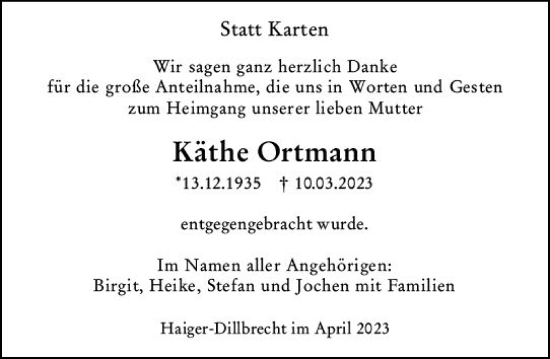 Traueranzeige von Käthe Ortmann von Dill Block