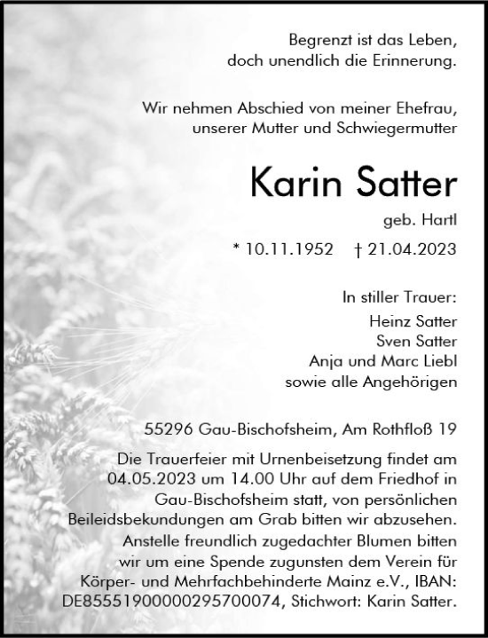 Traueranzeige von Karin Satter von Allgemeine Zeitung Mainz